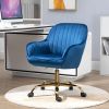 360° Dark Blue Velvet Swivel Chair With High Back, Adjustable Working Chair With Golden Color Base