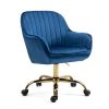 360° Dark Blue Velvet Swivel Chair With High Back, Adjustable Working Chair With Golden Color Base