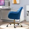 360° Dark Blue Velvet Swivel Chair With High Back, Adjustable Working Chair With Golden Color Base